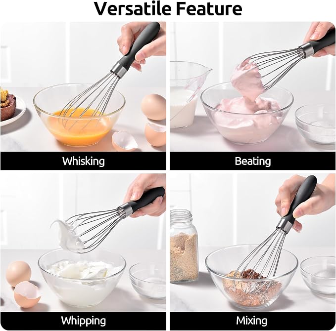 U-Taste 9" Small Egg Whisk: 18/10 Stainless Steel Kitchen Cooking Wire Balloon Wisk, Heavy Duty Metal Beater Stirrer, Manual Baking Tool with 6 Flex Wires for Hand Mixing, Blending Sauce (Black)