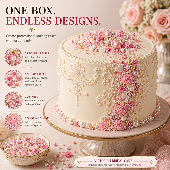 Confect Pink Mini Roses I Silver Hearts & Vermcelli and White Pearls | Anniversary Sprinkles | Sprinkles for Baking & Cake Decorative | Edible sprinkles - Vegan, Gluten-Free, Nut-Free, Soy-Free, Dairy-Free , Handcrafted Sprinkle 5 Oz