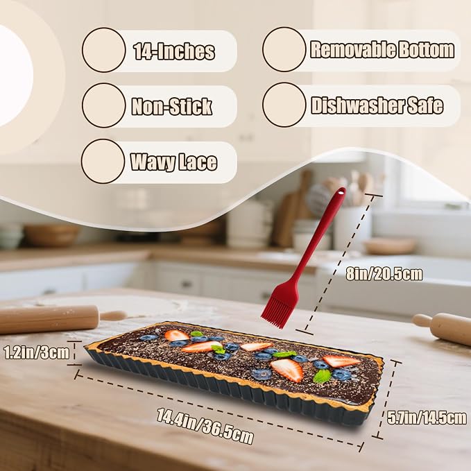 Rectangle Tart Pan with Removable Bottom, 14-Inch Quiche Pans Carbon Steel Tart Mold for Baking Pie (14.4in×4.7in×1.2in)