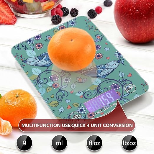 Food Scale Kitchen Digital Scale Food Ounces and Grams Dieting Baking Cooking Waterproof Glass Panels LCD Display,4 Units Scale Tare Function Bird