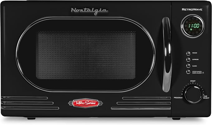 Nostalgia NRMO11BK6A 1000 Watt Power Retro Countertop Microwave Oven Easy to Clean with Removable Glass Turntable-Child Safety Lock-12 Programs-Digital Clock, 1.1 Cu Ft, Black