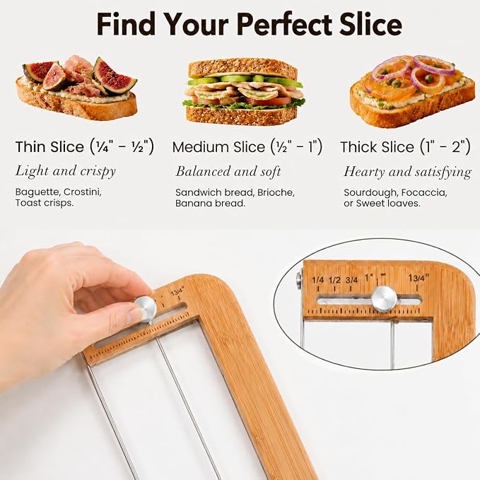 Adjustable Bread Knife for Homemade Bread - Bread Slicer with 1/2-inch and 1-inch Thickness Guides - 17 inch Bread Cutter-Bow Design （Natural Red Wood）