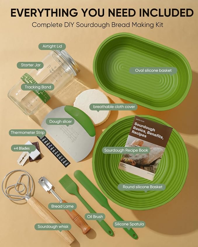 Sourdough Bread Baking Supplies 34 OZ Sourdough starter kit with 2 Bread Proofing Basket - Green