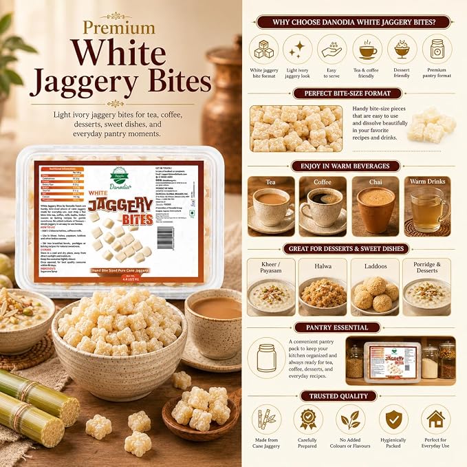 Danodia Foods Organic White Jaggery Bites, Cane Gur Sweetener, 1 lb Pack | Jaggery gur sweetener for chai, coffee, baking, desserts and recipes; Gluten-Free, No Additives, Vegan; everyday recipes