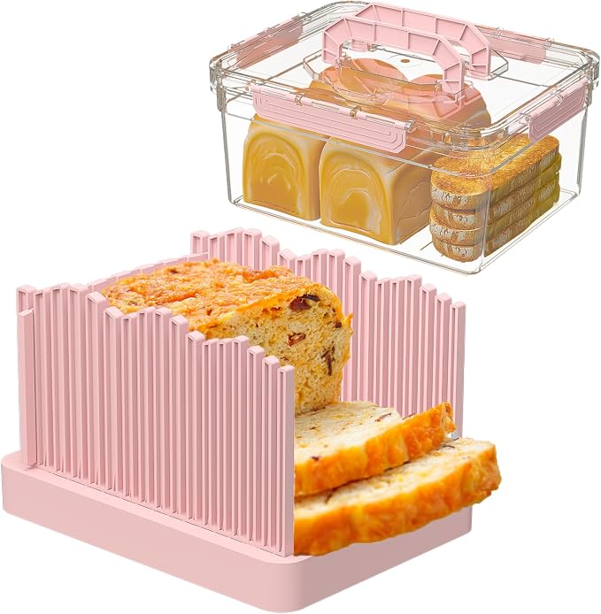 Sorgion 2-in-1 bread slicer and storage box with handle - plastic bread boxes for fresh keeping food storage containers with lids airtight for cake buns,Pink