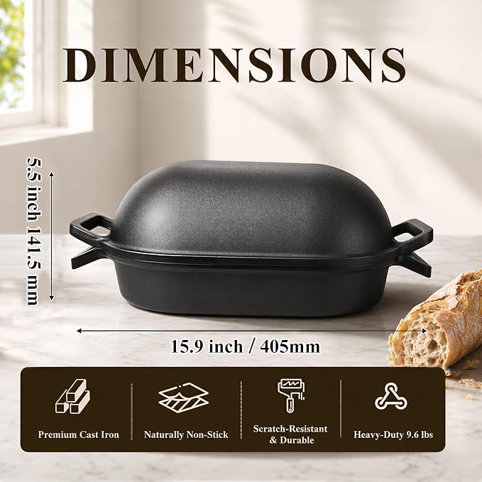 QuliMetal 16"x10" Oval Cast Iron Dutch Oven for Bread Baking, Bread Loaf Pan With Sourdough Bread Making Kit, Pre-Seasoned Bread Dutch Oven With Lid, 9.5QT, 13 LBS Heavy Duty, Homemade Breadmaking