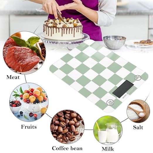 Food Scale Kitchen Scale for Baking Cooking Digital Food Weighing Measuring Scale Small Waterproof Electric Food Scale Checkered Green and White