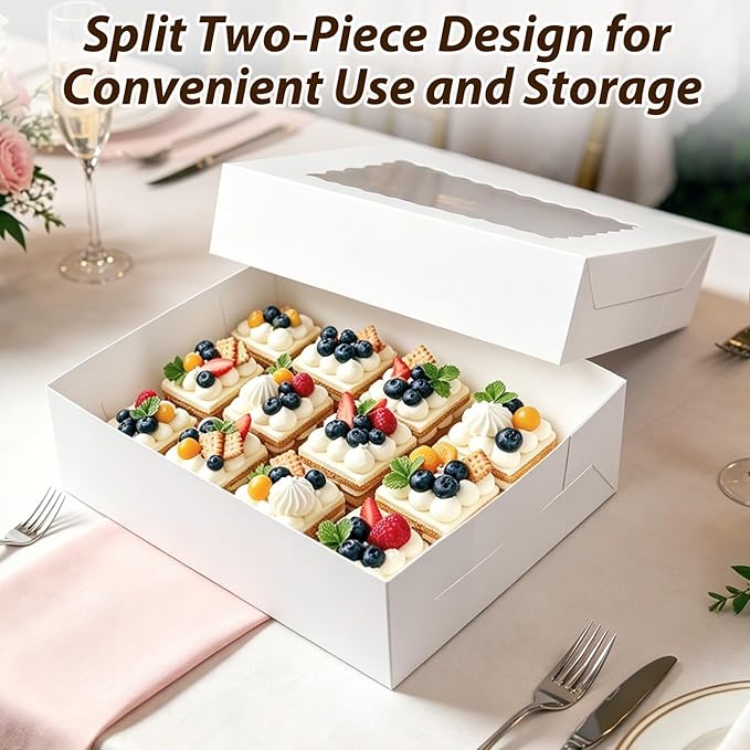 3 Pack White 1/4 Sheet Cake Boxes with Window, 14x10x4 Inch Food-Grade Quarter Sheet Bakery Boxes for Cupcakes, Cookies, Donuts, Pies, Strawberry Chocolates & Party Treats