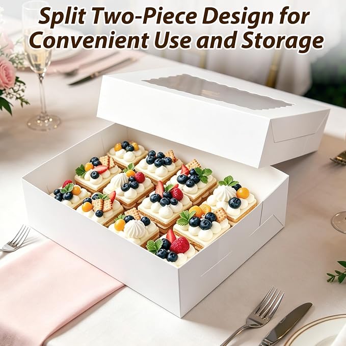 6 Pack White 1/4 Sheet Cake Boxes with Window, 14x10x4 Inch Food-Grade Quarter Sheet Bakery Boxes for Cupcakes, Cookies, Donuts, Pies, Strawberry Chocolates & Party Treats