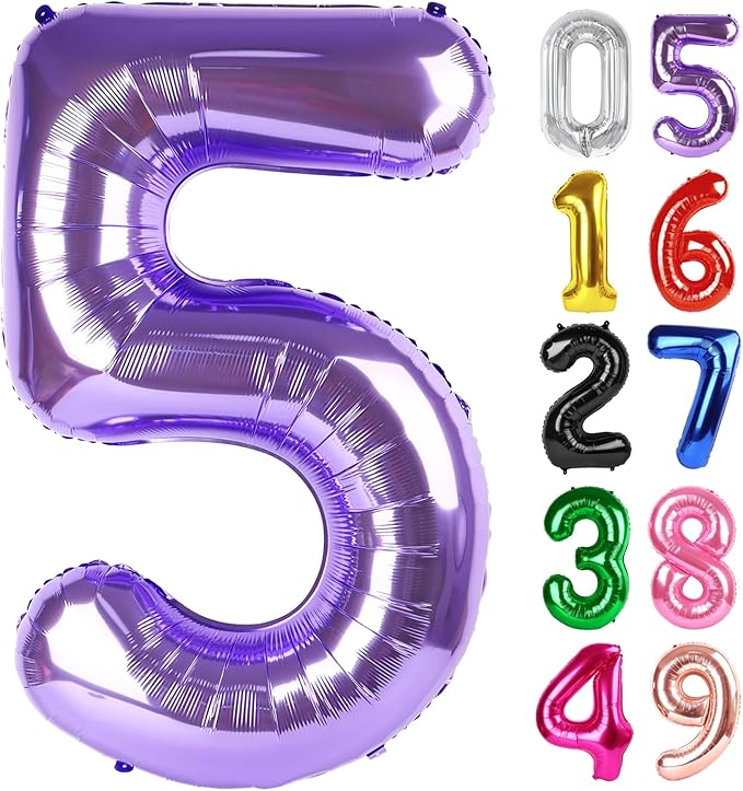 Purple Number 5 Balloon 40 Inch, 5th Birthday Party Decorations for Children, Giant 5 Foil Balloon for Party Supplies