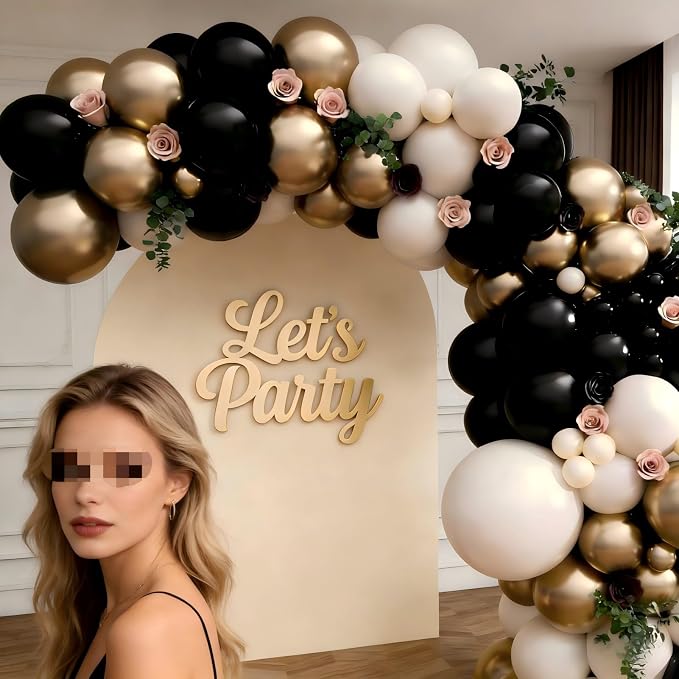 Black Gold Sand White Balloon Garland Arch Kit 143Pcs Sand White Black Chrome Gold Latex Balloons for Wedding Bridal Shower Gender Reveal Birthday Party Decorations