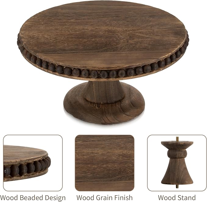Hanobe Round Wood Cake Stand: Cupcake Pedestal Stand 12 inch Dessert Display Riser Distressed Rustic Cakes Holder Tray Vintage Beads Wooden Plate for Christmas Wedding Birthday Decor