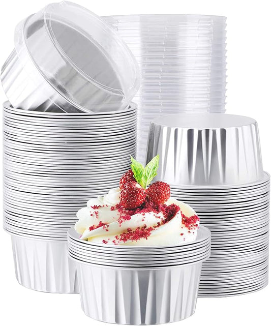 EUSOAR Foil Ramekins with Lids, 5oz 100pcs Silver Aluminum Cupcake Liners Oven Safe, Disposable Muffin Baking Cups Creme Brulee Pudding Holders Cases Boxes Pans for Wedding Birthday