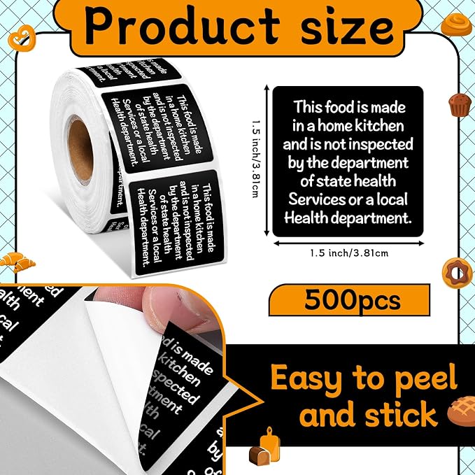 500 Count Cottage Food Law Labels Stickers 1.5” Black Square Food Stickers Made in a Home Kitchen Decal Thermal Printed Labels for Home Kitchen Bakery Bread Sourdough