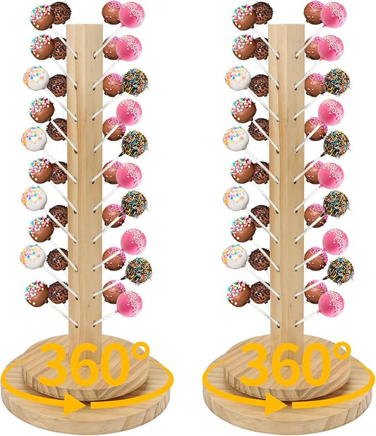 Wood Cake Pop Stand 36 Holes with Spinning Base,Cake Pop Holder Stand for Dessert Table,Lollipop Holder Candy Table Display, Dessert Stand for Wedding Birthday Baby Shower Parties Anniversaries (2 Pack)
