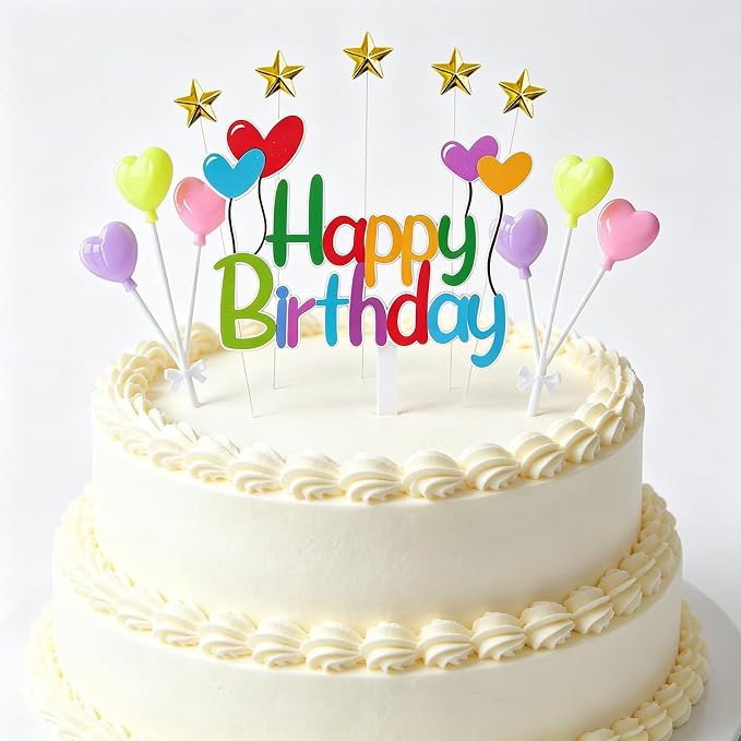 Colorful Happy Birthday Cake Topper Set - Stars and Hearts Picks, Perfect for Kids' Birthdays, Rainbow Themed Parties Ideal for Cupcakes Party Decor
