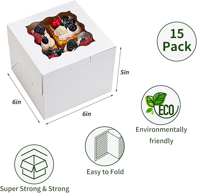 Moretoes 15pcs 6x6x5in Cake Boxes Bakery Carriers, Small Bento Cake Containers Cookie Boxes with Window, White Mini Cupcake Carriers Treat Containers for Dessert, Mother's Day, Valentine's Day