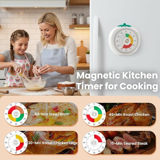Magnetic Visual Timer, 60-Minute Countdown for Kitchen Classroom Homework | 4-Color Zone Dial with Cute Design, Kids Timer with Pomodoro Mode Time Management Tool for ADHD, Cooking & Baking