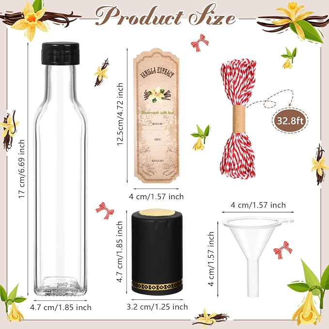 Tioncy 12 Pcs Vanilla Extract Bottles for Homemade Vanilla Jar Glass Square Bottle with Cap Shrink Band Sticker Syrup Food Storage Canister for Liquids Bean Sauce Spice Gift Giving(Black,8.5 oz)