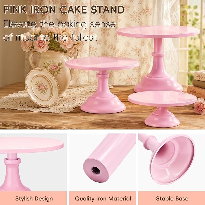Three-piece Cake Stand Set, Metal Round Trays, 8-inch, 10-inch, and 12-inch, for Dessert Table displays; Perfect for Christmas, Thanksgiving, Birthdays, Weddings, and Other Celebrations(Pink)