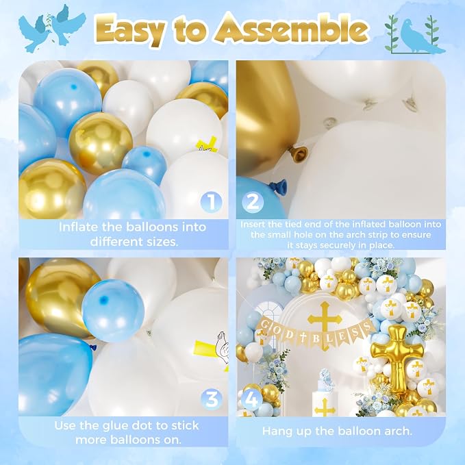 First Communion Blue Balloons Arch Kit 160Pcs, Baptism God Bless Balloon Garland Arch Mi Bautizo Christian Decor Cross Balloon for First Holy Communion Baptism Baby Shower Birthday Supplies