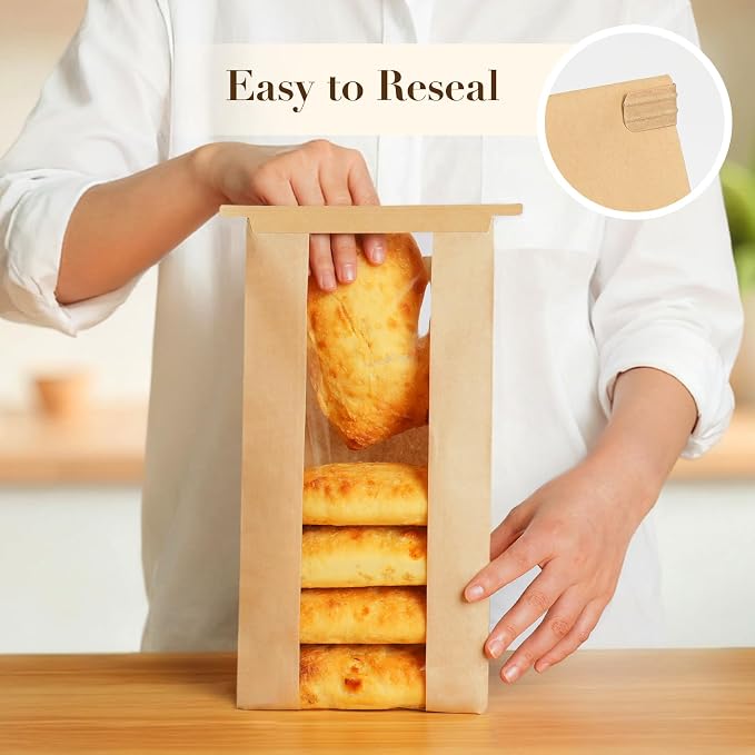 100 Pack Long Paper Bread Bags with Tabs for Homemade Sourdough, Resealable Bakery Bags with Window for Oval Sourdough Bread, Loaves, Pastries, Baguettes (6.3x2.7×13.7 Inches)
