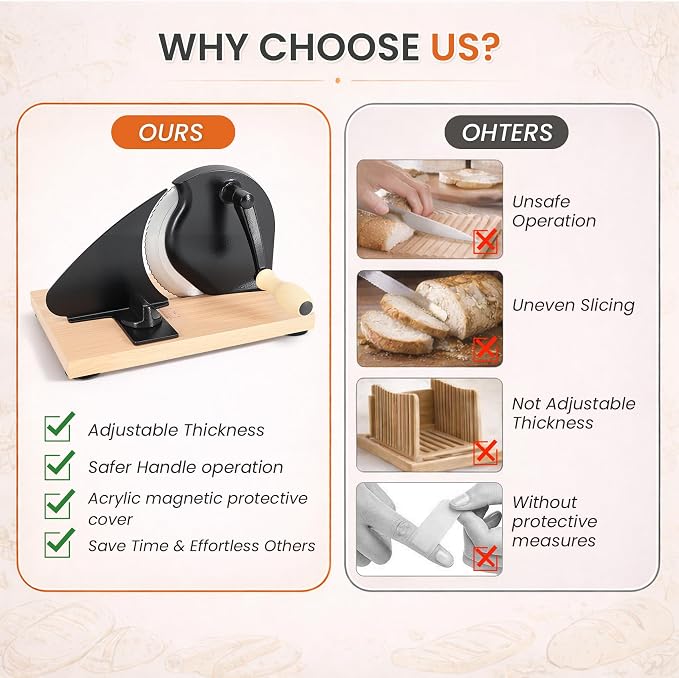 Manual Bread Slicer for Homemade Sourdough Bread, Adjustable Thickness Hand Crank Bread Cutter with Scale Lines, Suction Cup Base, Metal Guide & Sharp Stainless Steel Blade (Black)