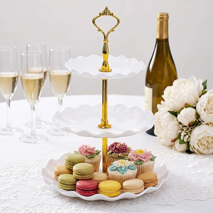 DEAYOU 4 Pack 3 Tier Cupcake Dessert Stand, Plastic Tiered Cake Stand Display Tower, Pastry Serving Tray Platter Rack Holder for Buffet, Cookie, Party, Wedding, Home Decor, White Gold, Black Gold