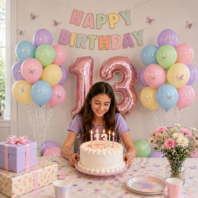 13th Birthday Decorations For Girls -12 Inch Pastel Balloons, 32 Inch Pink 13 Balloon, 3D Butterflies Stickers, Happy Birthday Banner For Teen Girl 13th BD Decorations