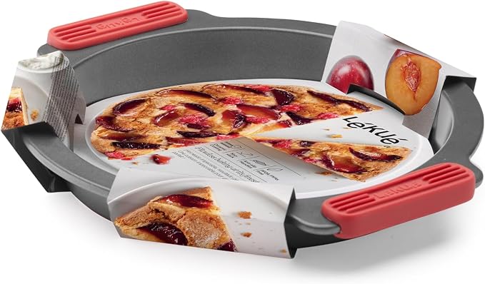 Lékué Non-Stick Round Cake Mold - Carbon Steel Oven Baking Pan with Platinum Silicone Handles, Even Heat, Dual Non-Stick Ceramic Coating, Scratch Resistant, PFOA & PFA-Free, 11.6 x 10.4 x 1.7"