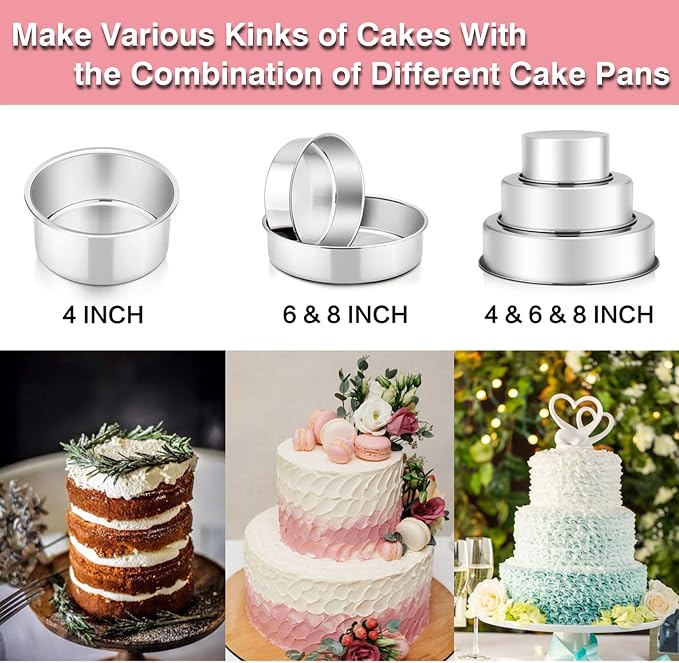 P&P CHEF Cake Pan Set of 3, 4" + 6" + 8" Round Baking Layer Tier Cake Pans Tins, Stainless Steel Bakeware for Birthday Weeding, Heavy Duty & Non Toxic, Mirror Finish & Dishwasher Safe
