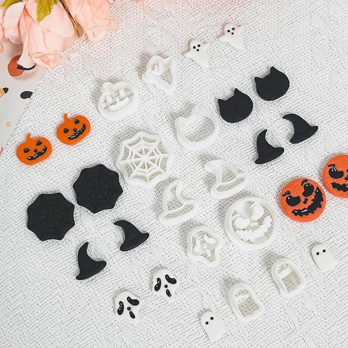 Xaekicr 10PCS Halloween Polymer Clay Cutters Set - Pumpkin Ghost Witch Hat Spider Web Shapes for DIY Earrings - Clay Cutters Clay Earring Cutters Clay Tools
