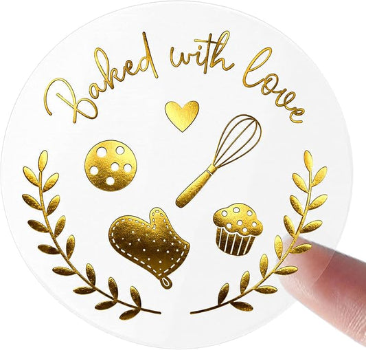 100 Baked with Love Stickers, Bakery Stickers, Baking Stickers & Cookie Stickers for Homemade Treats, Sourdough Bread, Pastry Packaging, Clear Gold Foil Labels for Small Business & Gift Bags, 1.6 Inch