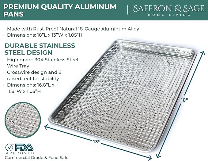 Commercial Quality 2 Pack Cookie Sheet and 2 Pack Rack - Aluminum Half Sheet Baking Pan and Stainless Steel Cooling Rack Set 13x18 Rust & Warp Resistant, Heavy Duty