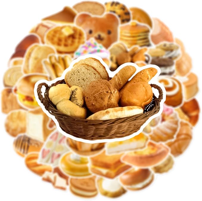 50pcs Cute Bread Stickers Food Stickers, Waterproof Scrapbook Aesthetic Sticker for Water Bottles Computer Laptop Scrapbook Daily Planner Junk Bullet Journaling Decorative Supplies