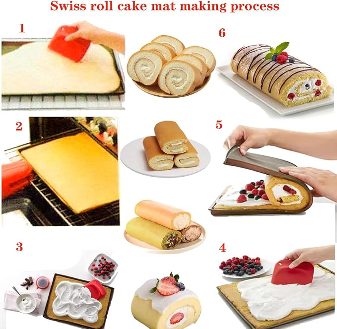 Silicone Swiss Roll Cake Mat - 2Pcs Silicone Baking Mat, Jelly Roll Pan, Non-Stick Silicone Mat with Lip, Easy to Clean Silicone Pastry Mat, Great for Swiss Roll, Pastry, Jelly, Cookies (Red)