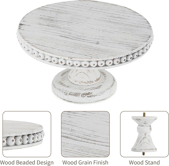 Hanobe White Wood Cake Stand: Cupcake Pedestal Stand 12 inch Dessert Display Riser Rustic Round Cakes Holder Tray Vintage Beads Wooden Plate for Christmas Wedding Birthday Decor