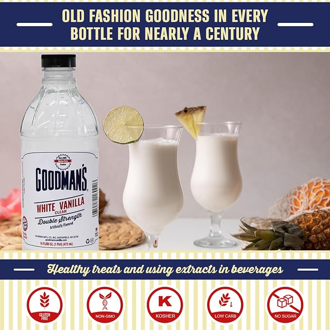 Goodman's White Vanilla Clear Double Strength Artificial Flavor - Gluten-Free, Non-GMO, Kosher, Low Carb & Low Calorie - Vanilla Flavor Ideal for Baking, Cooking, and More - No Sugar (16oz Bottle)