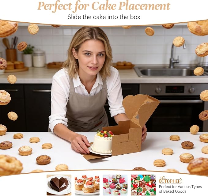 COTOPHER 50pcs 6x6x5 Inch Mini Cake Boxes, 6 Inches Small Bakery Box (25 Boxes & 25 Boards), Bento Cake Containers for Cookies, Cupcake, Desserts, Birthday, Party, Wedding, Valentine's Day