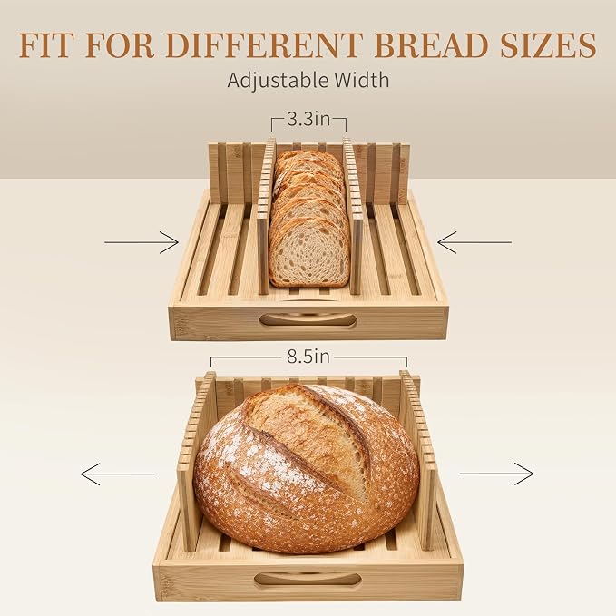 Bamboo Bread Slicing Guides with Adjustable Width, Bread Slicer Guide with Crumb Catcher & Serve Tray for Homemade Bread Cut