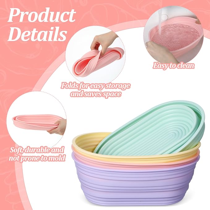 4 Pcs Silicone Bread Proofing Baskets, 10 Inch Foldable Oval Banneton Basket Sourdough Bread Baking Supplies Dough Proofing Bowl for Making Breads (4 Colors)