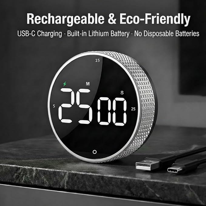 Rechargeable Magnetic Kitchen Timer,LED Countdown/Up Timer, Supports USB-C Charging,with Loud Alarm,3 Preset Quick Times(5/15/25m),Perfect for Kitchen Cooking, Studying, and Fitness (Silver)