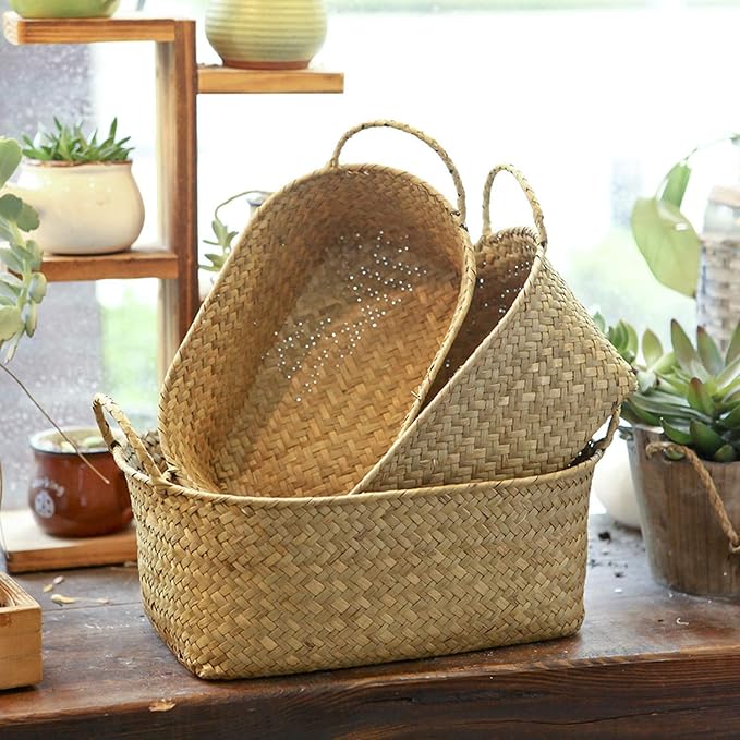 Handmade Woven Basket Straw Food Organizer Rattan Breadfruit Case Holder(S,24X15X9cm)