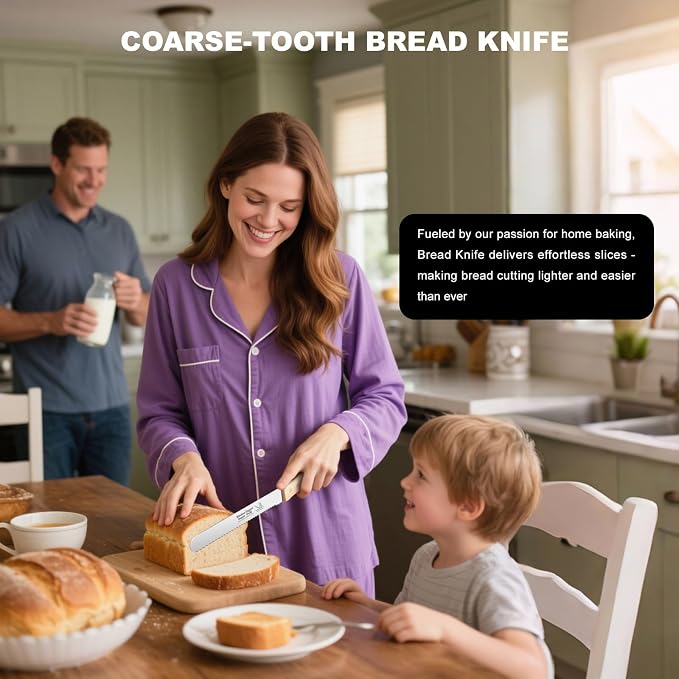 Wavy Edge Serrated Bread Knife 8 Inch, Cuts Perfect Homemade Bread, Bagels, Cakes - Ultra Sharp Stainless Steel Blade with Comfort Grip Wood Handle, Scoring Cutter Includedr