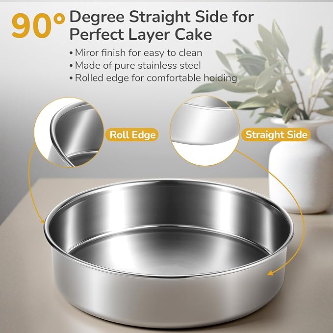 8 inch Cake Pans, Round Baking Layer Cake Pan Set of 2, Stainless Steel Mirror Finish & Dishwasher Safe for Birthday, Party, Wedding