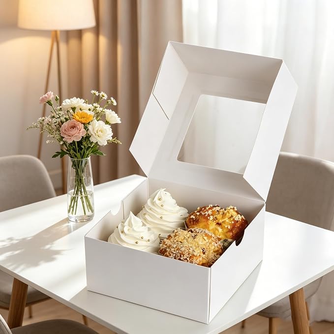 Jotique Cupcake Boxes with Window, 20 Sets 6x6x3 Inch White Paper Bakery Boxes for Cookies and Muffins, Sturdy Disposable Treat Boxes for Individual Pastry, Baked Goods, Gift Giving