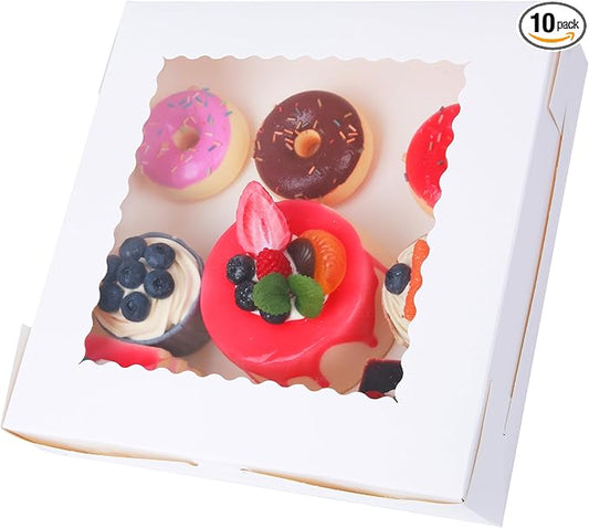 10 Packs Pie Boxes with Window,10x10x2.5 Inches White Cookie Boxes,Chocolate Covered Strawberries,Desserts,Macarons,Muffins,Pastry,Donuts,Cakes,Baked Goods