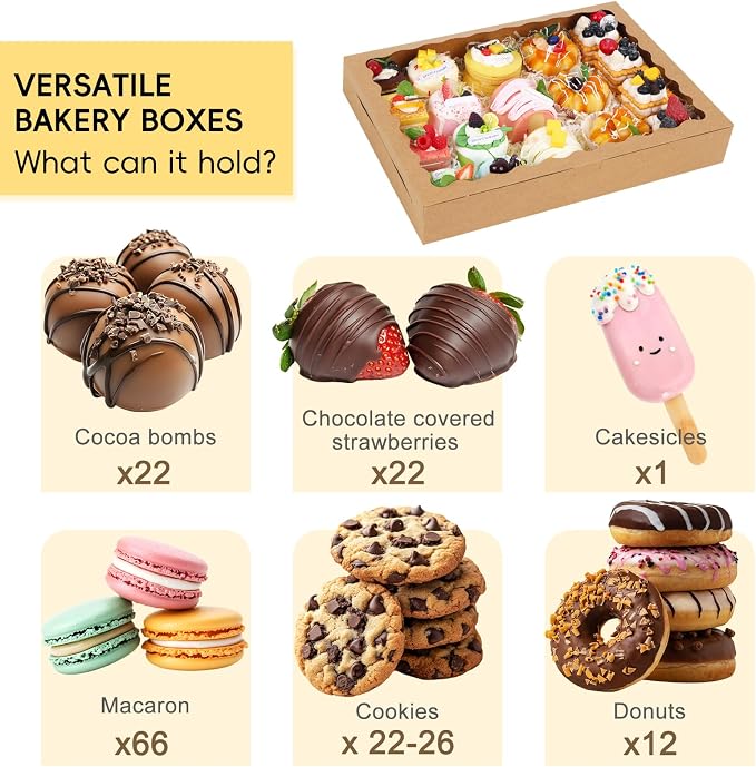 TOMNK 25pcs 16x11x2.5 Inch Cookie Boxes, Donut Boxes with Window for Bakery, Treats, Desserts, Chocolate Covered Strawberries, Pies, Muffins (Brown)