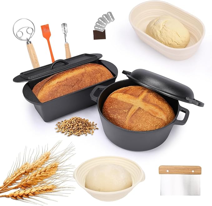 QuliMetal Cast Iron Dutch Oven for Sourdough Bread, 5QT & 3.2QT Loaf Pan with Lid Pre-Seasoned Bread Oven with Sourdough Bread-Baking Supplies, Crispy Crust Artisan Bread Baking Set for Home Bakers