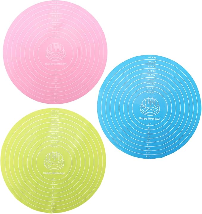 3 Pcs Round Silicone Cake Mat, Reusable Non Slip Heat Resistant Silicone Baking Mat Printed with Clear Scale for Cake Turntable Pizza Dough Pastry Rolling (Pink, Blue, Green)